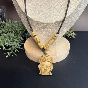 Buddha Head Necklace | Carved Resin Pendant | Adjustable Cord | Boho Spiritual
